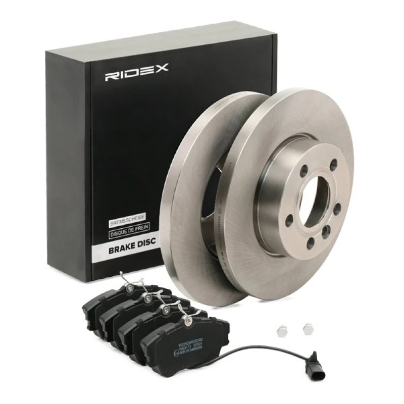 Image of RIDEX 3405B0483 Brake disc and pads set with accessories, Front Axle, Brake Disc Type: Solid, incl. wear warning contact Brake Set,disc brakes (3405)