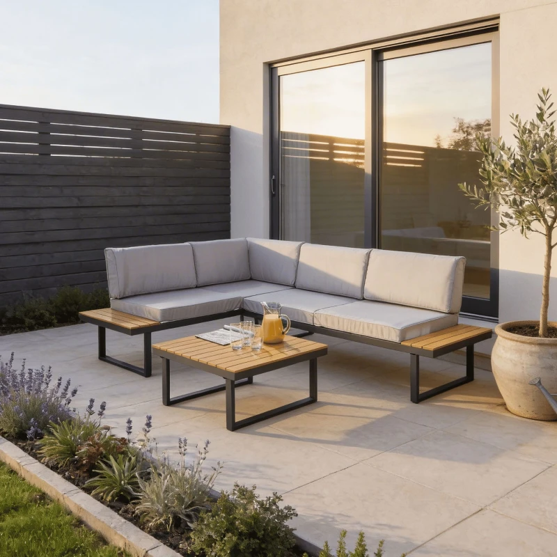 Image of Home Source Ember L-Shape Outdoor Garden Patio Decking Sofa & Table Set