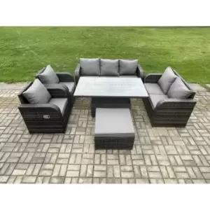 Image of Fimous 7 Seater Dark Grey Outdoor Rattan Dining Sofa Complete Set with Adjustable Table and Big Footstool