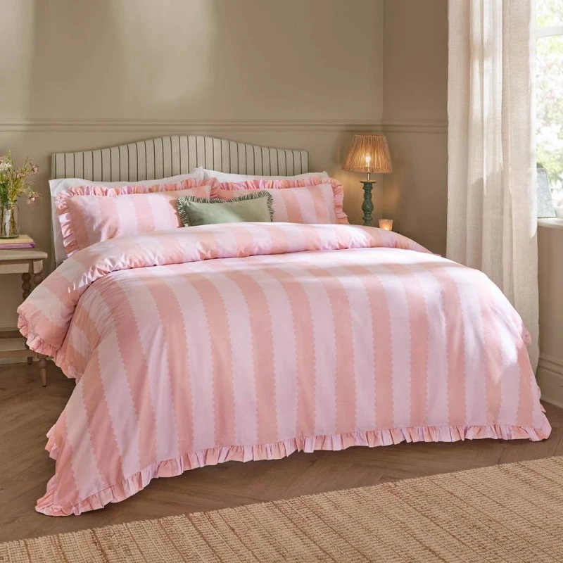 Image of Wylder Birdie Stripe Ruffle Duvet Cover Set in Raspberry Size: Single Raspberry Unisex Single