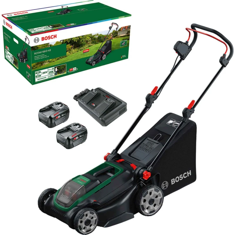 Image of Bosch ROTAK 18V2-43 P4A 36v Cordless Brushless Rotary Lawnmower 430mm 2 x 6ah Li-ion Twin or Dual Battery Charger ROTAK 18V2-43