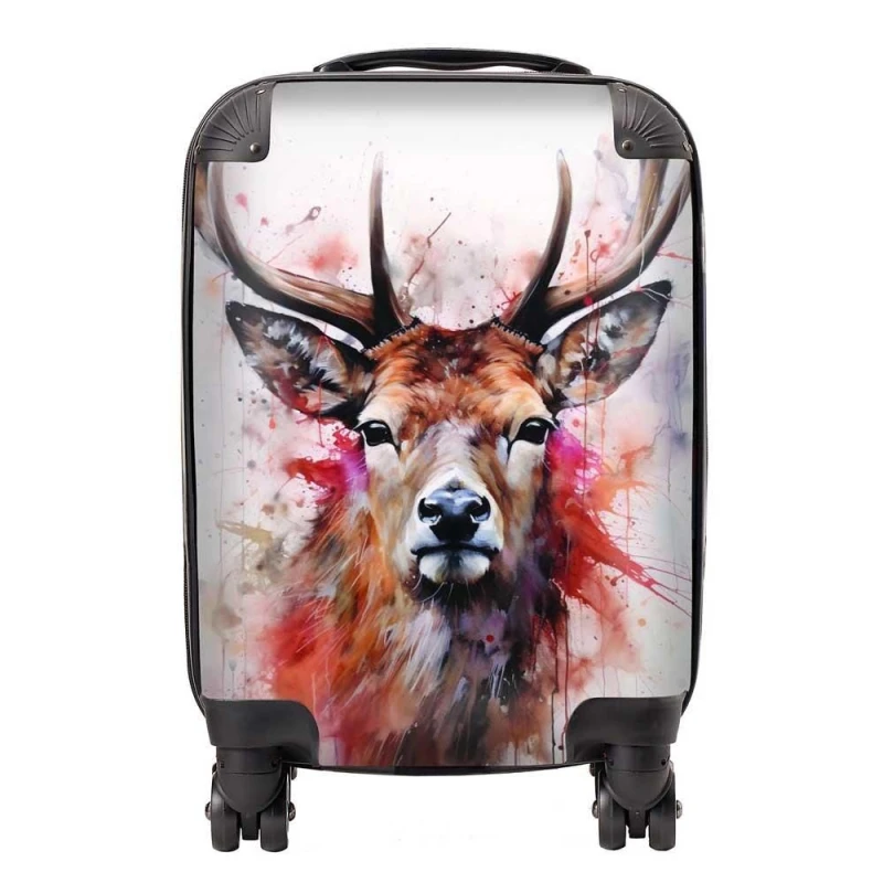 Image of Warren Reed - Designer Watercolour Splashart Stag Face Suitcase in Brown Size: Large Brown Unisex Large