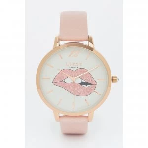 image of Lipsy Pale Pink Strap Watch with Lip Glitter Print Dial