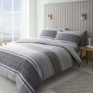 Image of Textured Banded Stripe Easy Care Reversible Duvet Cover Set, Charcoal, Double - Catherine Lansfield