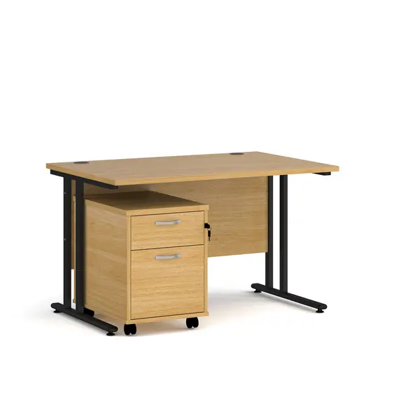 image of Maestro 25 Straight Desk with Black Cantilever Frame and 2 Drawer Pedestal - Oak - 1200mm x 800mm