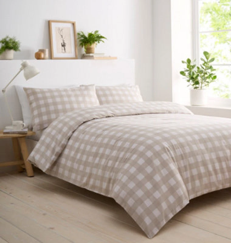 Image of Portfolio Home Gingham Check Natural King Soft Easy Care Bed Linen Bedding Duvet Cover Quilt Set With Pillow Cases