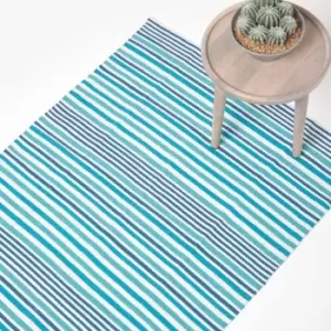 Image of Modern Blue Scandinavian Style Striped Cotton Rug, 120 x 180cm - Blue - Homescapes
