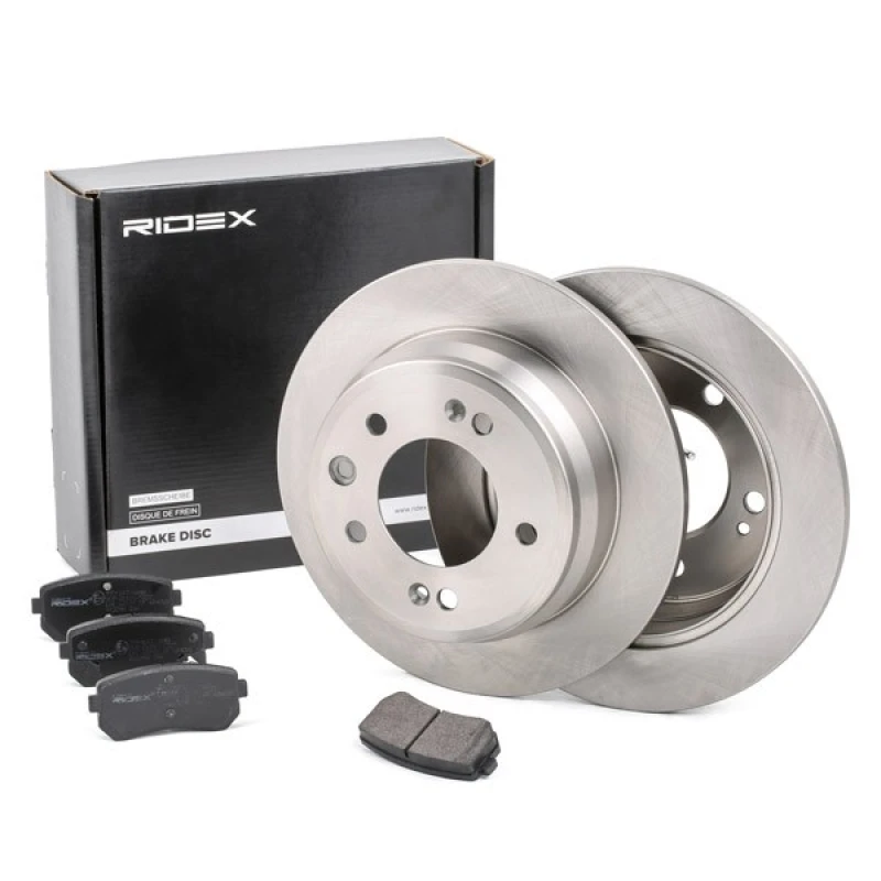 Image of RIDEX 3405B0066 Brake disc and pads set Rear Axle, Brake Disc Type: Solid, with acoustic wear warning, with anti-squeak plate Brake Set,disc brakes (