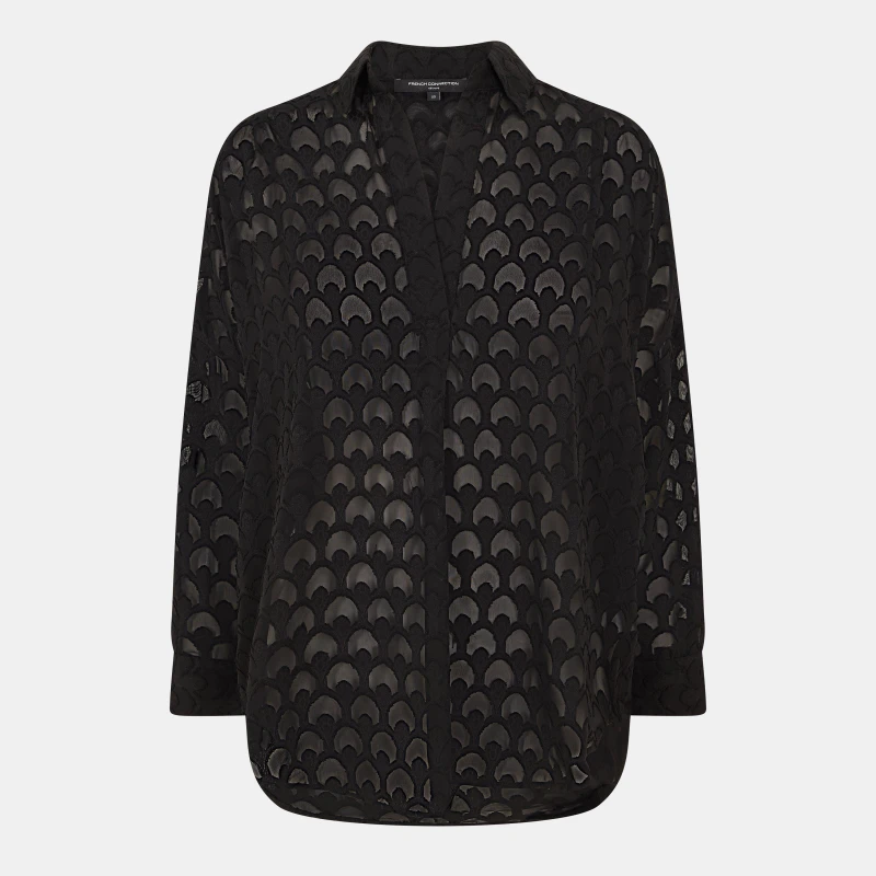 Image of French Connection Geo Burn-Out Popover Shirt Blouses - Long Sleeve 8 (XS) Black 54320403310