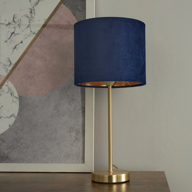 Image of BHS BHS Vera Velvet Steel Table Lamp - Navy & Brass
