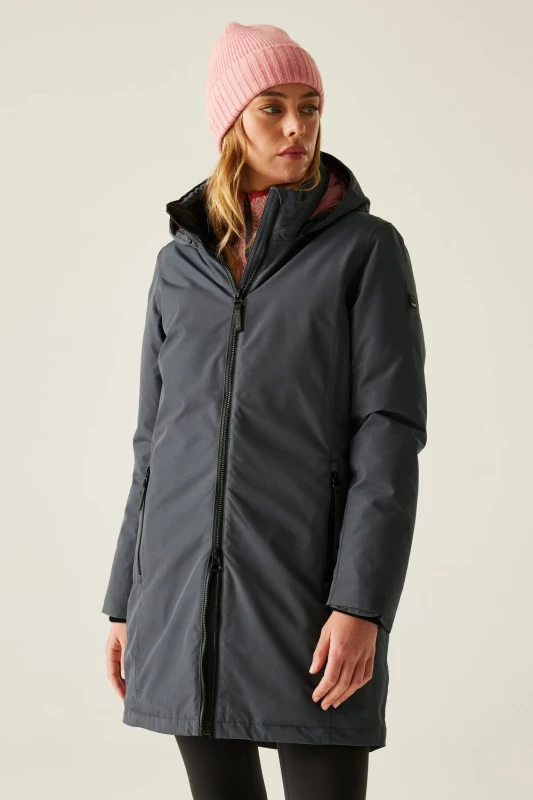 Image of Regatta Womens Marron Longline Hooded Breathable Waterproof Insulated Jacket in Grey Size: 10 Grey Female 10