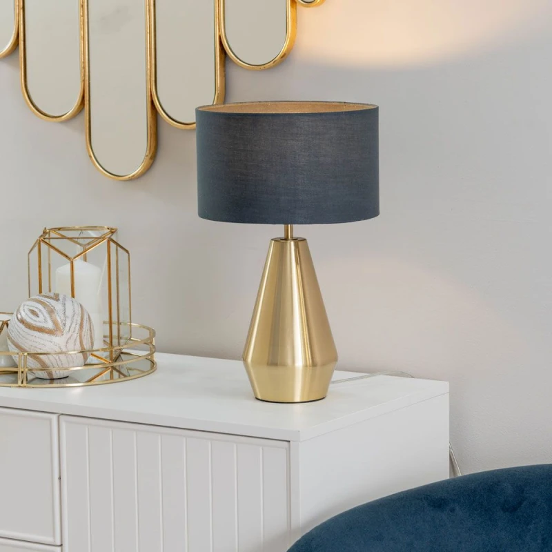Image of ValueLights Jax Antique Brass Metal Dimmable Touch Table Lamp with Fabric Drum Shade Charcoal
