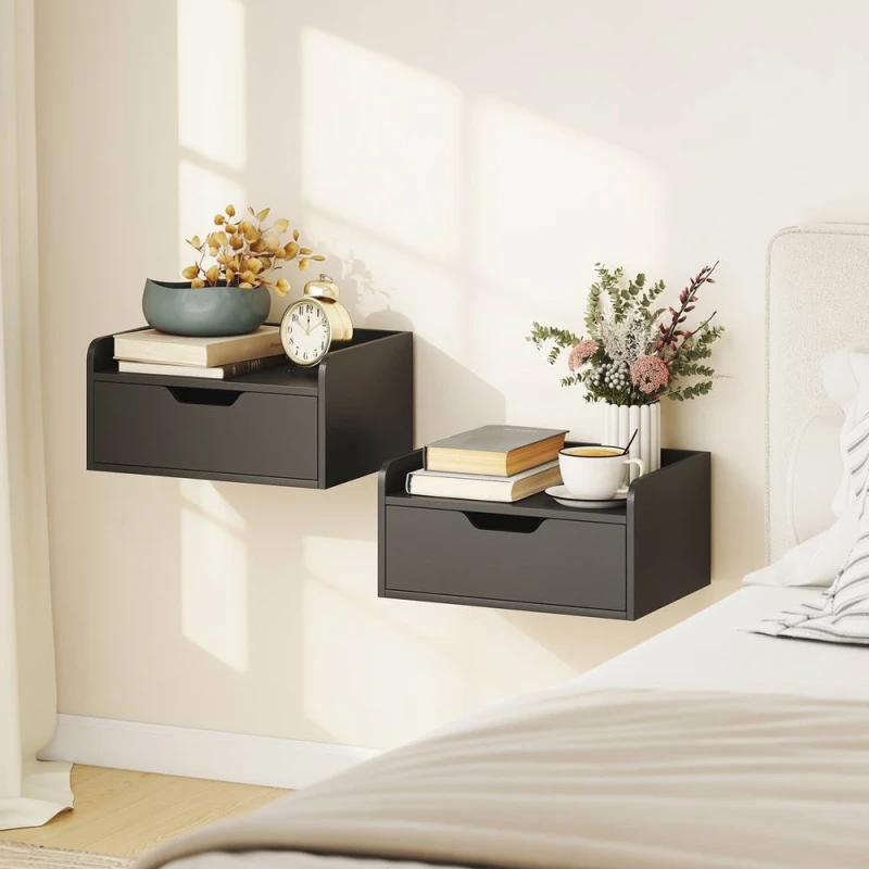 Image of HOMCOM Floating Nightstands Set of 2, Nightstand with Drawer, Black Size: 40cm x 30cm Black Unisex 40cm x 30 cm