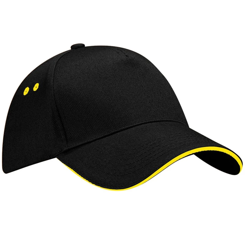 Image of Beechfield Beechfield Men Ultimate 5 Panel Contrast Baseball Cap With Sandwich Peak Headwear Pack of 2 in Black One Size Male 5059269087104