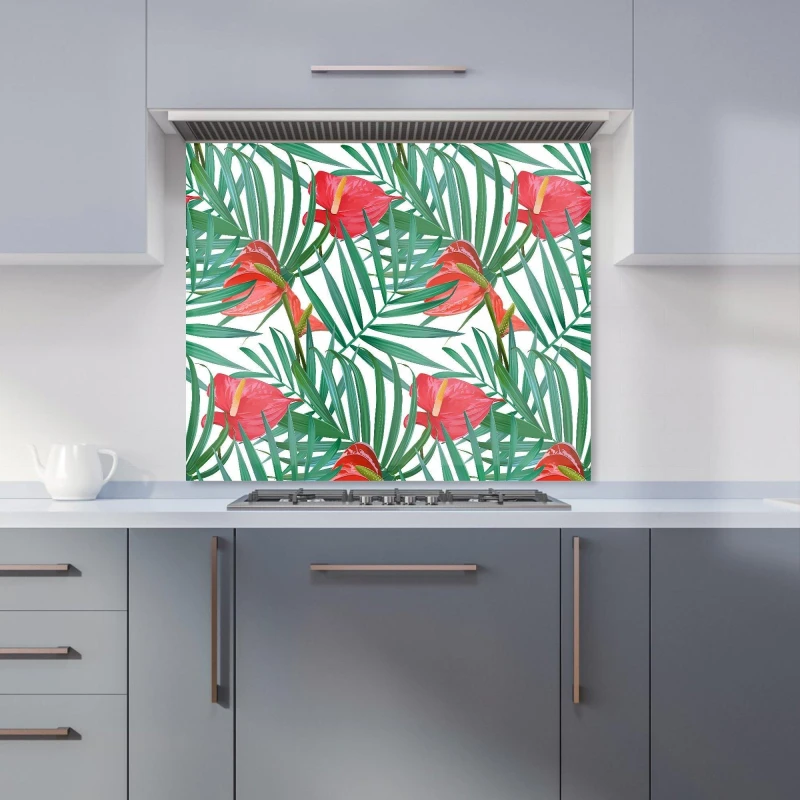 Image of Warren Reed - Designer Tropical Flowers & Palm Leaves Kitchen Splashback in Green Size: 600mm x 750mm Green Unisex 600mm x 750mm