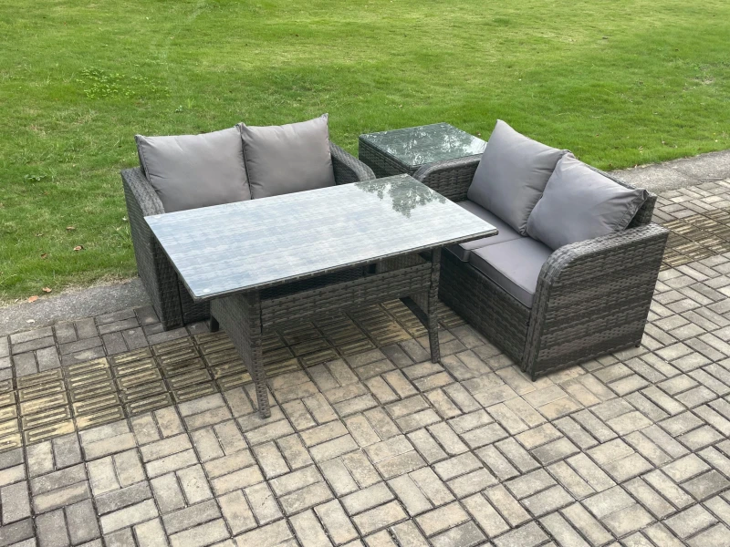 Image of Fimous 4 Seater Rattan Outdoor Garden Furniture Set Rectangular Dining Table & Loveseat Sofa Set With Side Table in Dark Grey Dark Grey Unisex