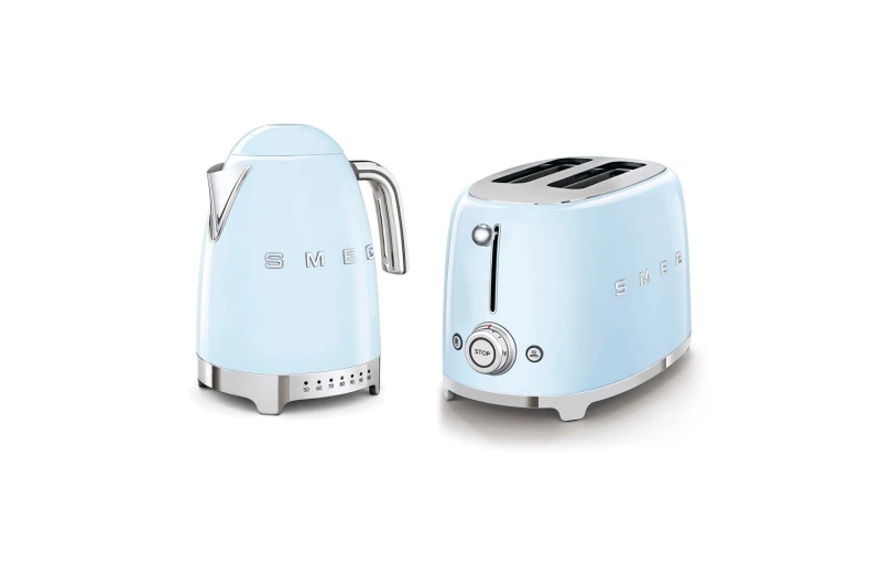 Image of Smeg 1.7L 3kw Kettle temperature Controlled & 2 Slice Toaster Set in Pastel Blue in Light Blue Light Blue Unisex