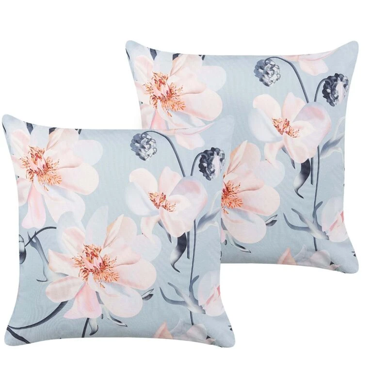 Image of Beliani Set Of 2 Outdoor Cushions Apricale Floral Pattern 45 X 45cm Blue
