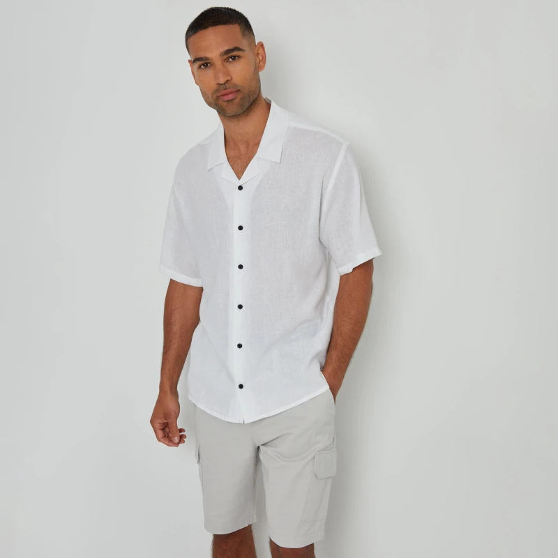 Image of Threadbare 'Kylian' Linen Blend Revere Collar Short Sleeve Shirt White