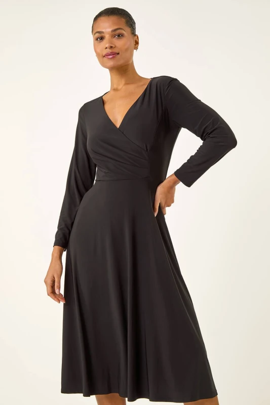 Image of Roman Womens Wrap Bodice Tie Waist Midi Dress in Black Size: 20 Black Female 20