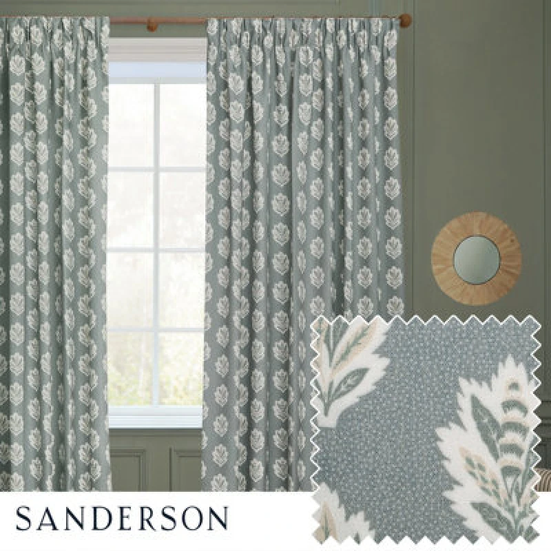Image of Sanderson Sanderson Sessile Leaf Printed Room Darkening Pencil Pleat Curtains in Light Blue Size: 117cm width x 137cm drop Light Blue 117cm width x