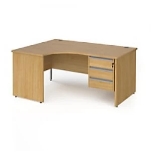 image of Dams International Left Hand Ergonomic Desk with 3 Lockable Drawers Pedestal and Oak Coloured MFC Top with Silver Panel Ends and Silver Frame Corner P