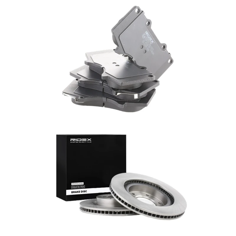 Image of RIDEX 3405B2599 Brake disc and pads set Front Axle, Brake Disc Type: internally vented, with acoustic wear warning Brake Set,disc brakes (3405)