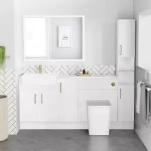 Image of 1800mm - 2100mm White Toilet and Sink Unit with Tall Cabinet Marble Effect Worktop and Brushed Brass Fittings - Coniston