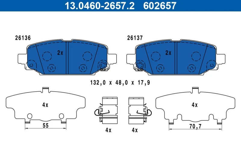 Image of ATE 13.0460-2657.2 Brake pad set with acoustic wear warning, with accessories, with anti-squeak plate Brake Pad Set,disc brake (402)