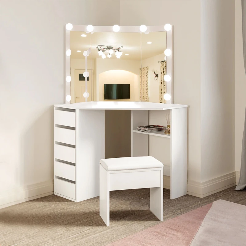 Image of KOSY KOALA Corner Dressing Table with Mirror and Stool Makeup Vanity LED Mirror Lights Hollywood Table White