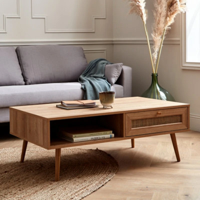 Image of Sweeek - Coffee Table With Wood And Cane Effect Boheme Natural 110X59X39 Cm