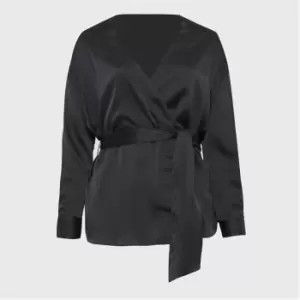 Image of Missguided Plus Size Satin Plunge Tie Front Blouse - Black