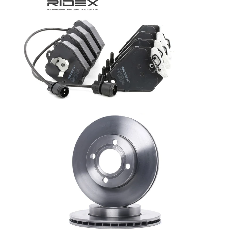 Image of RIDEX 3405B2845 Brake disc and pads set Front Axle, Brake Disc Type: internally vented, incl. wear warning contact Brake Set,disc brakes (3405)