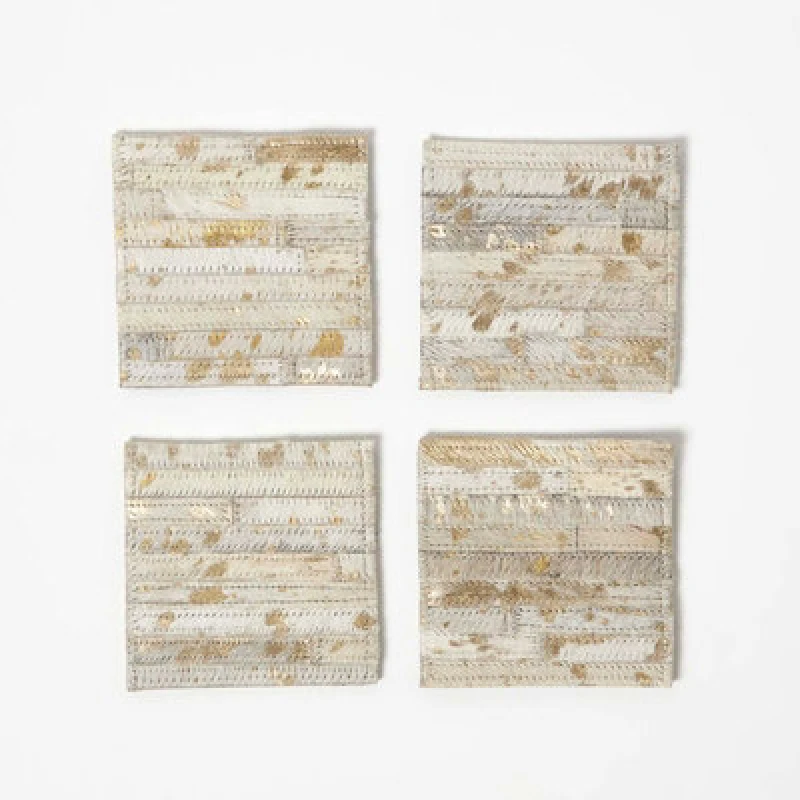 Image of Homescapes Gold & Grey Square Leather Coasters Set of 4 Grey