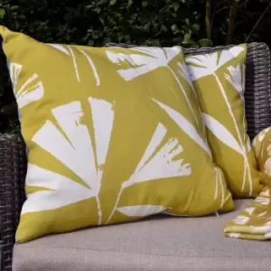 image of Alma Abstract Floral Print Outdoor Filled Cushion, Teal/Ochre, 43 x 43cm - Fusion