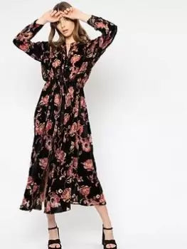 Religion Floral Velvet Shirt Midi Dress -black, Black, Size 10, Women