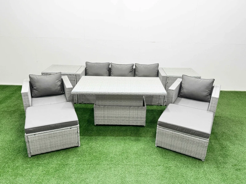 Image of Fimous 8 PCs Rising Dining Table Set Rattan Furniture Set with Chair in Light Grey Light Grey Unisex