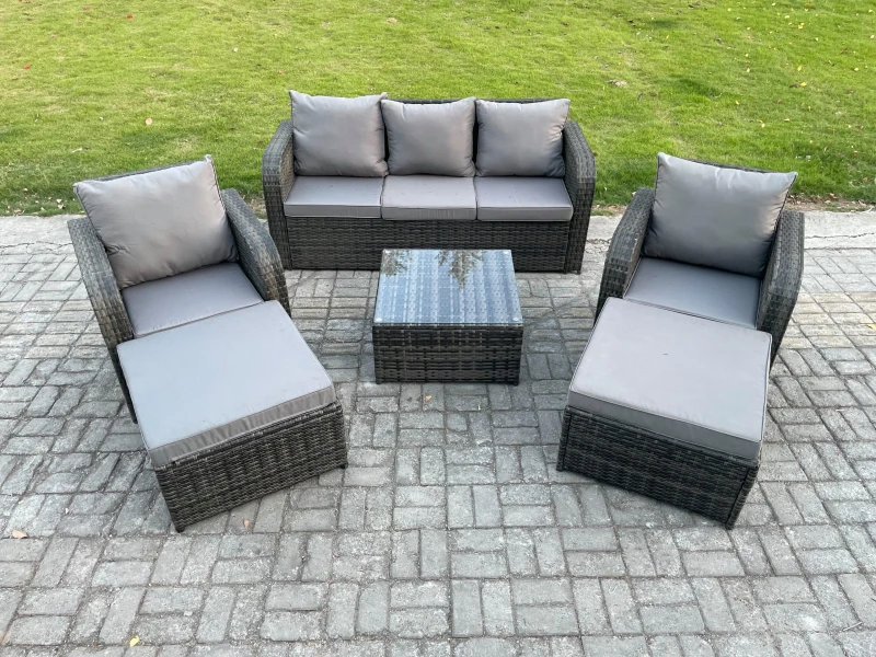 Image of Fimous 7 Seater High Back Rattan Garden Furniture Set with Square Coffee Table 2 Big Footstool Indoor Outdoor Patio Lounge Sofa Set Dark Grey Mixed Da