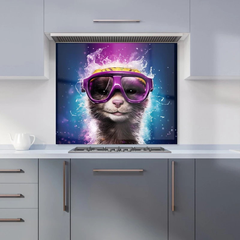 Image of Warren Reed - Designer Splashart Ferret With Glasses Purple Kitchen Splashback Size: 600mm x 750mm Purple Unisex 600mm x 750mm