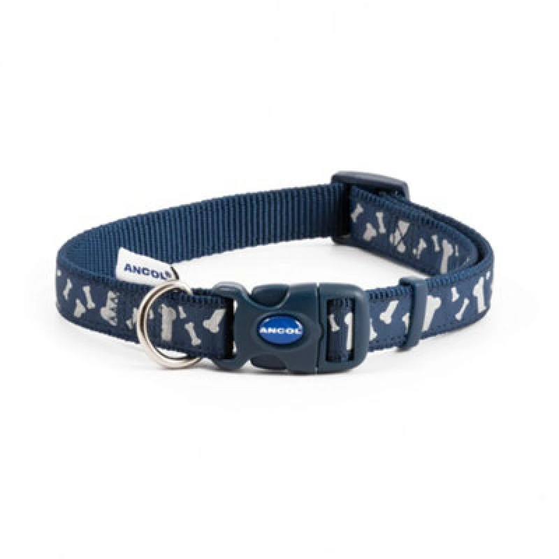 Image of Ancol Blue Bones Print Reflective Adjustable 30-50cm Fashion Dog Collar Blue