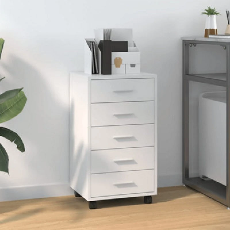 Image of Vidaxl Drawer Cabinet With Castors High Gloss White Engineered Wood, White 342673