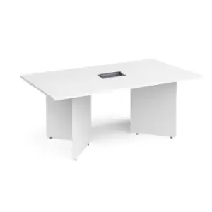 image of Arrow head leg rectangular boardroom table 1800mm x 1000mm in white with central cutout and Aero power module