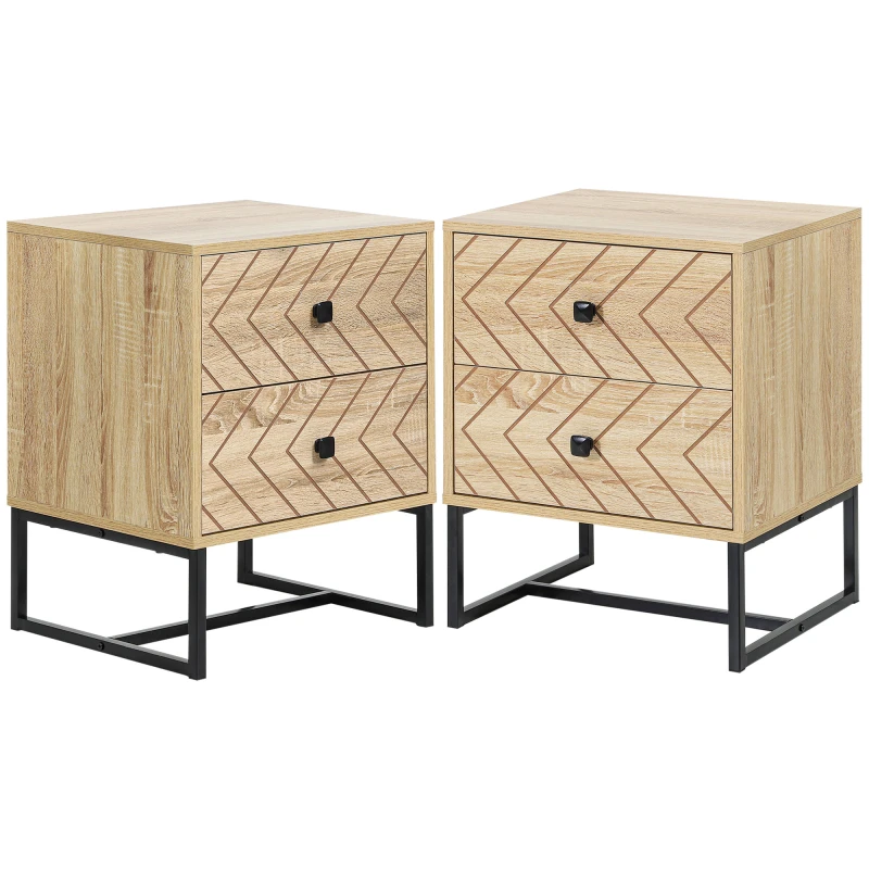 Image of HOMCOM Bedside Table Nightstand Two-Drawer Bedroom Storage Unit Zig Zag Design with Black Metal Handles, Set of 2, Natural