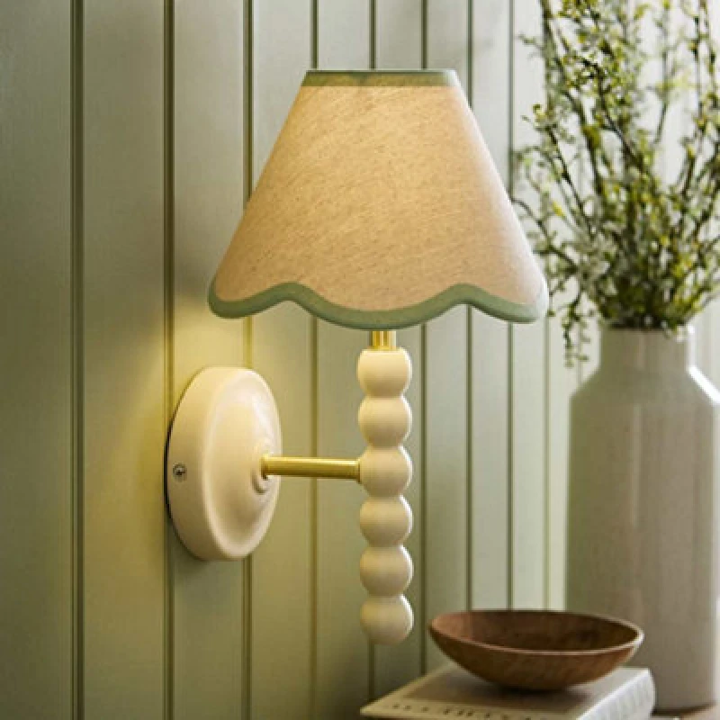 Image of Valuelights Bobbin Cream Bobble Wall Light And Green Trim Linen Lamp Shade
