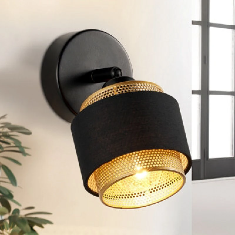 Image of Harper Living Black & Gold Wall Light, Modern Wall Lamp Indoor E14 Socket, Rotatable, Metal Mesh & Fabric Shade