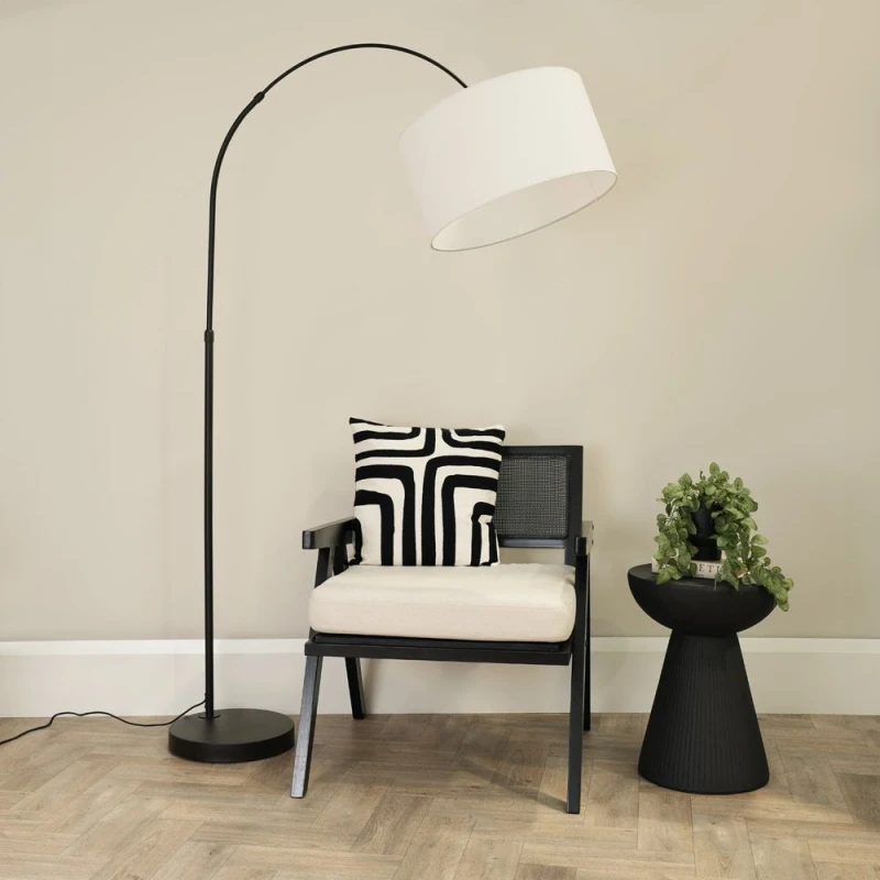 Image of ValueLights Louis Black Arched Curved Floor Lamp with Fabric Drum Lamp Shade White