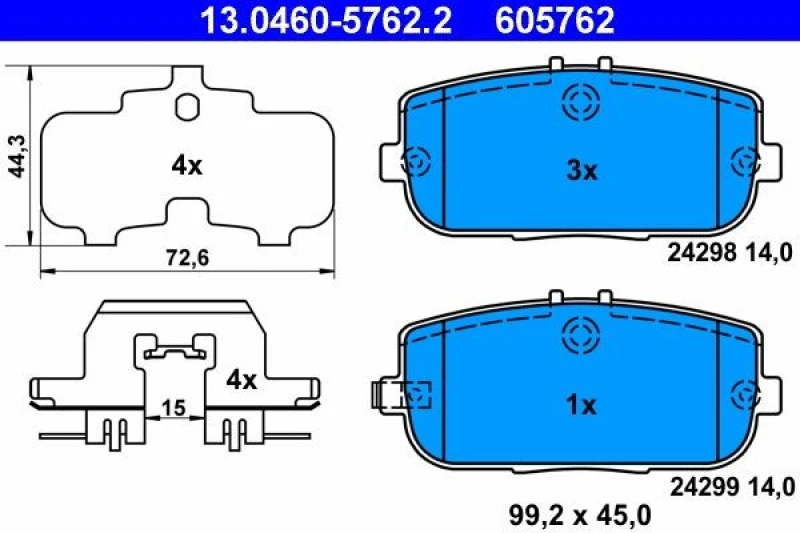 Image of ATE 13.0460-5762.2 Brake pad set with acoustic wear warning, with accessories, with anti-squeak plate Brake Pad Set,disc brake (402)
