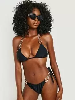 Image of Boohoo Diamante Trim Tie Side Bikini Brief - Black, Size 10, Women