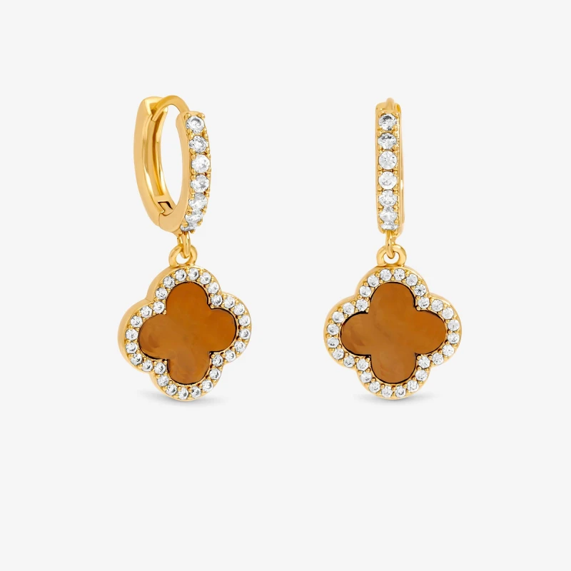 Image of Jon Richard Gold Plated and Tigers Eye Clover Huggie Earrings Gold female One Size
