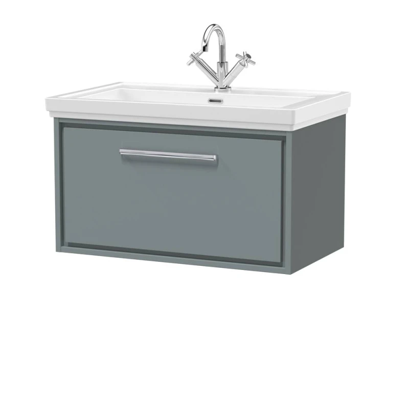 Image of Balterley Modern Bathroom Wall Hung Single Drawer Vanity Unit With Fireclay Basin, Coastal Grey, 800mm